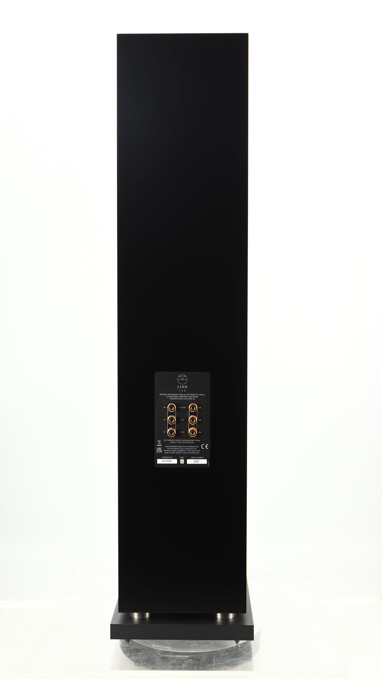 Rear view of a used Linn 150 Floorstanding Speaker W/ Upgraded Bases in a black finish