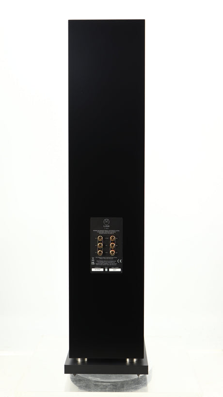 Rear view of a used Linn 150 Floorstanding Speaker W/ Upgraded Bases in a black finish