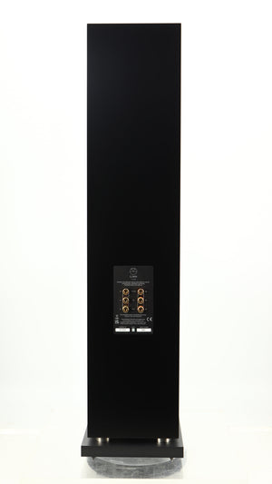 Rear view of a used Linn 150 Floorstanding Speaker W/ Upgraded Bases in a black finish