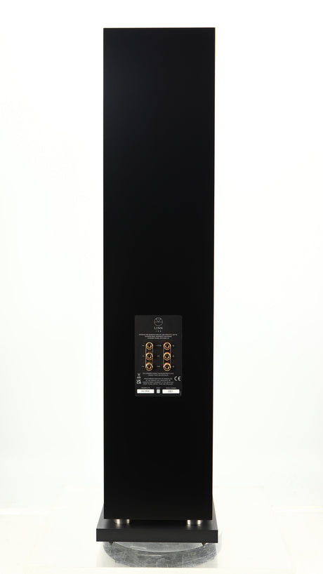 Rear view of a used Linn 150 Floorstanding Speaker W/ Upgraded Bases in a black finish