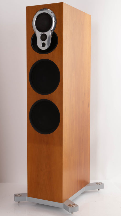 Front right corner of a used Linn 242 Floorstanding Speaker in a Cherry finish