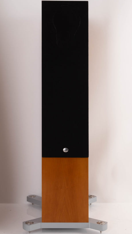 Front view of a used Linn 242 Floorstanding Speaker in a Cherry finish showing Grille