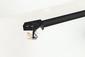 Close up of a used Linn Akito MK3B Tonearm in a black finish showing connectors