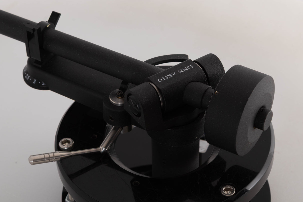 Close up of a used Linn Akito MK3B Tonearm in a black finish showing rear of the arm