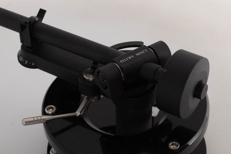 Close up of a used Linn Akito MK3B Tonearm in a black finish showing rear of the arm