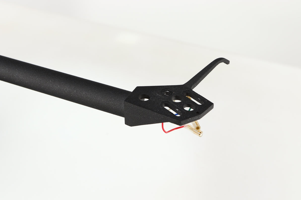 Close up of a used Linn Akito MK3B Tonearm in a black finish showing connectors