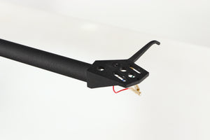 Close up of a used Linn Akito MK3B Tonearm in a black finish showing connectors