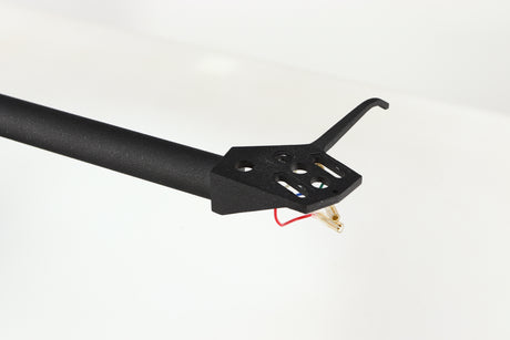 Close up of a used Linn Akito MK3B Tonearm in a black finish showing connectors