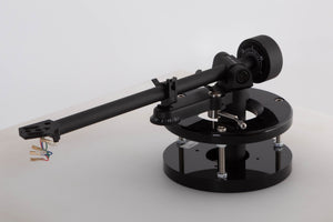 Front right angle of a used Linn Akito MK3B Tonearm in a black finish showing connectors