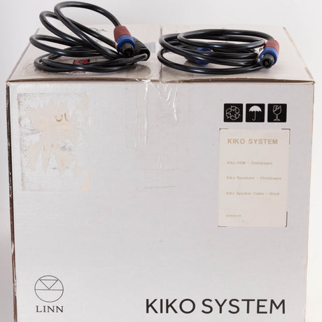 Box for a used Linn Kiko Digital Streaming System in a Champagne finish showing Hi-Level Cables