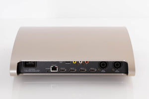 Rear view of a used Linn Kiko Digital Streaming System in a Champagne finish showing Mains Input, Network Input, HDMI Inputs and HDMI Output