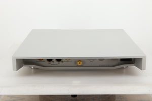 Rear view of a used Linn Klimax DS1 Network Player in Silver finish showing RCA, balanced XLR outputs, ethernet and mains input 