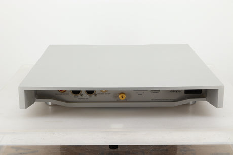 Rear view of a used Linn Klimax DS1 Network Player in Silver finish showing RCA, balanced XLR outputs, ethernet and mains input 