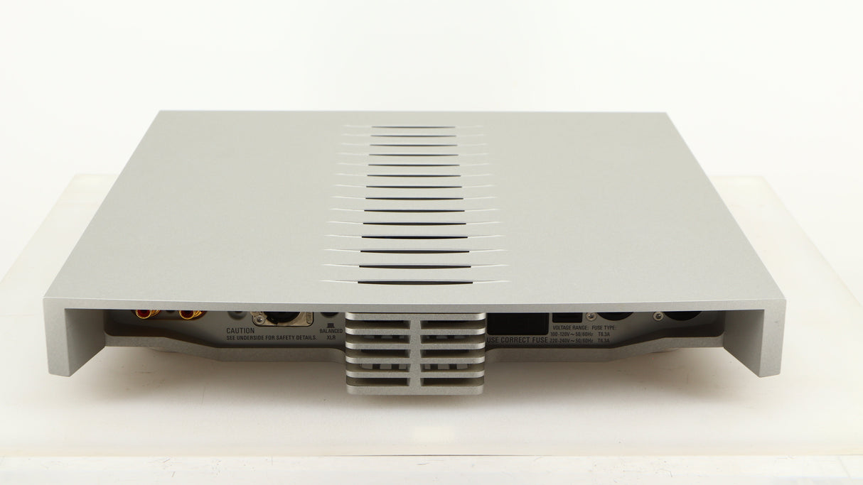Rear view of a used Linn Klimax Solo 500 Power Amplifier in a silver finish showing Mains Input