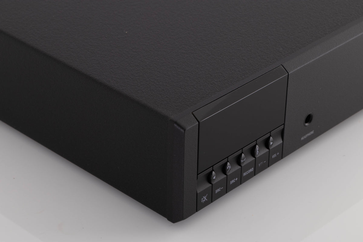 Front left corner of a used Linn Kolektor Pre Amplifier in a Black finish