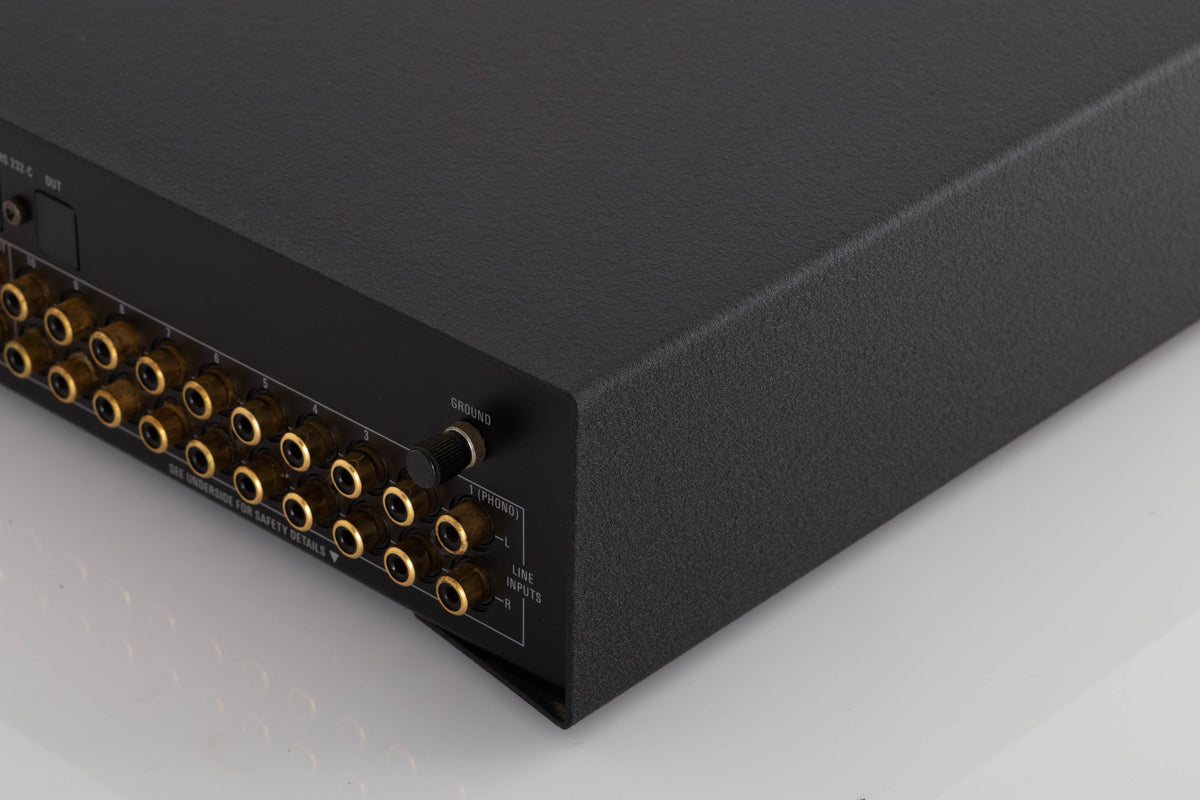 Rear left corner of a used Linn Kolektor Pre Amplifier in a Black finish
