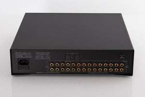 Rear view of a used Linn Kolektor Pre Amplifier in a Black finish showing Mains Input, Phono Inputs and Phono Outputs