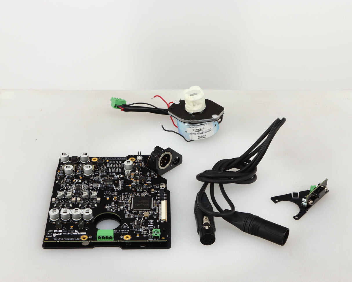 Accessories for a used Linn Lingo 4 Turntable Power Supply in a black finish showing Motor, DIN Cable and Circuit Board