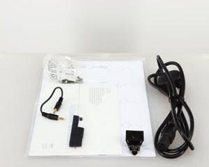 Accessories for a used Linn Lingo 4 Turntable Power Supply in a black finish showing Felt Strips, Mains Cable, Switch, AUX Cable, Screws and Manual