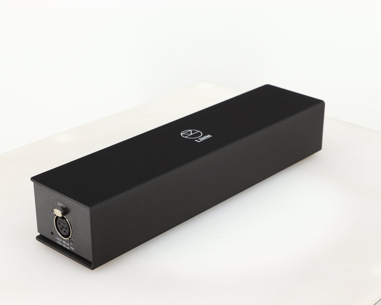 Front left corner of a used Linn Lingo 4 Turntable Power Supply in a black finish