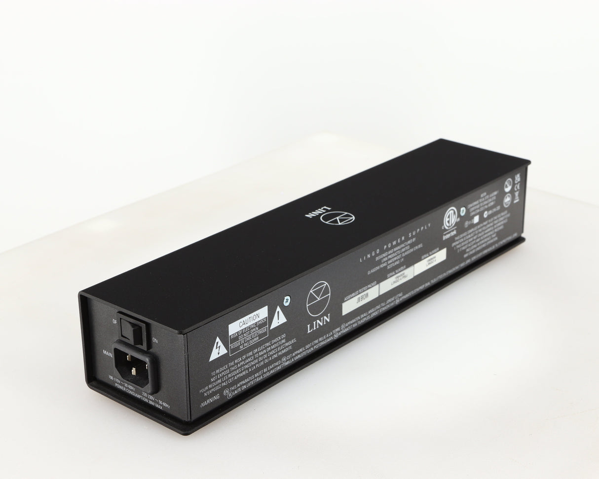 Rear right corner of a used Linn Lingo 4 Turntable Power Supply in a black finish