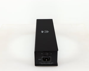 Left side view of a used Linn Lingo 4 Turntable Power Supply in a black finish showing Mains Input