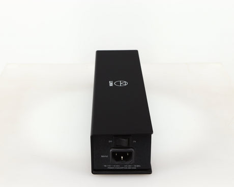 Left side view of a used Linn Lingo 4 Turntable Power Supply in a black finish showing Mains Input