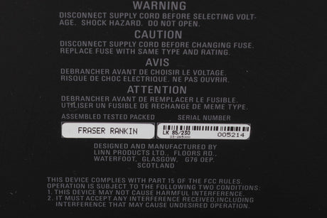 Close up of a used Linn LK85 Power Amplifier in a Black finish showing serial number
