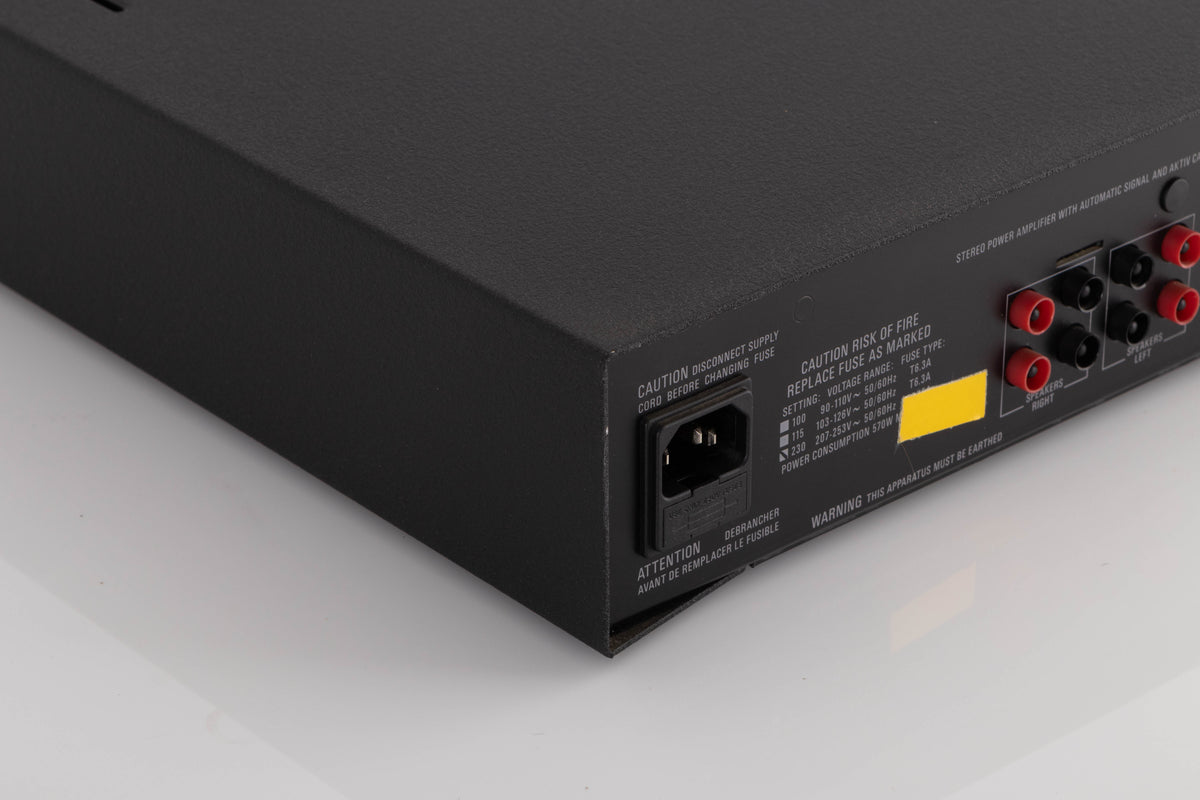 Rear right corner of a used Linn LK85 Power Amplifier in a Black finish