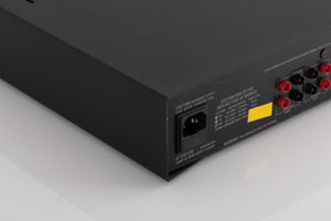Rear right corner of a used Linn LK85 Power Amplifier in a Black finish