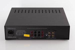 Rear view of a used Linn LK85 Power Amplifier in a Black finish showing Mains Input, Phono Inputs and Phono Outputs