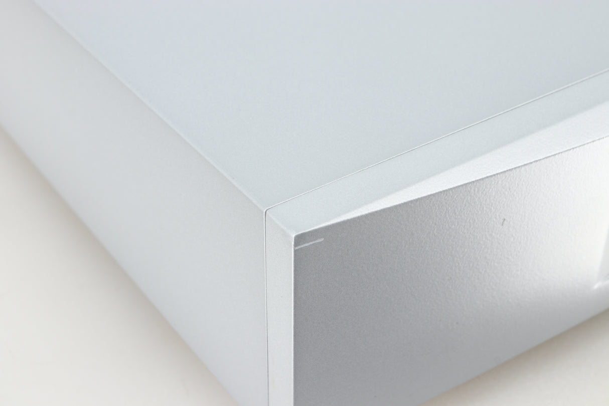 Close up of a used Linn Radikal Power Supply in a silver finish showing small scratch on fascia 