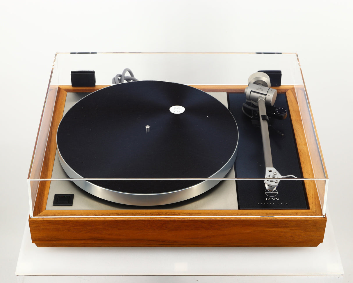 Top view of a used Linn LP12 Akurate Turntable / Ekos SE Tonearm / Krystal Cartridge in a walnut finish