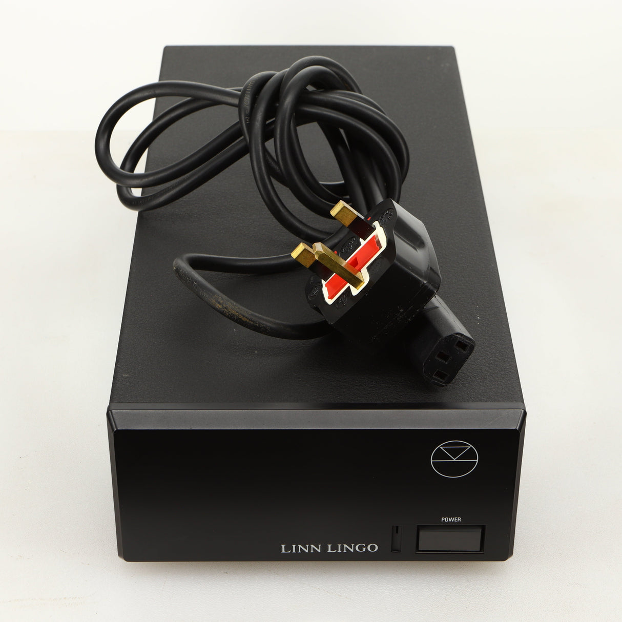 Top of a used Linn Lingo Power Supply in a black finish showing Mains Cable