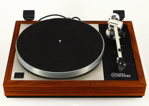 Front view of a used Linn LP12 / Ittok Tonearm / Adikt Cartridge in an afromosia finish