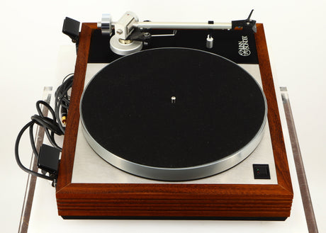 Left side view of a used Linn LP12 / Ittok Tonearm / Adikt Cartridge in an afromosia finish