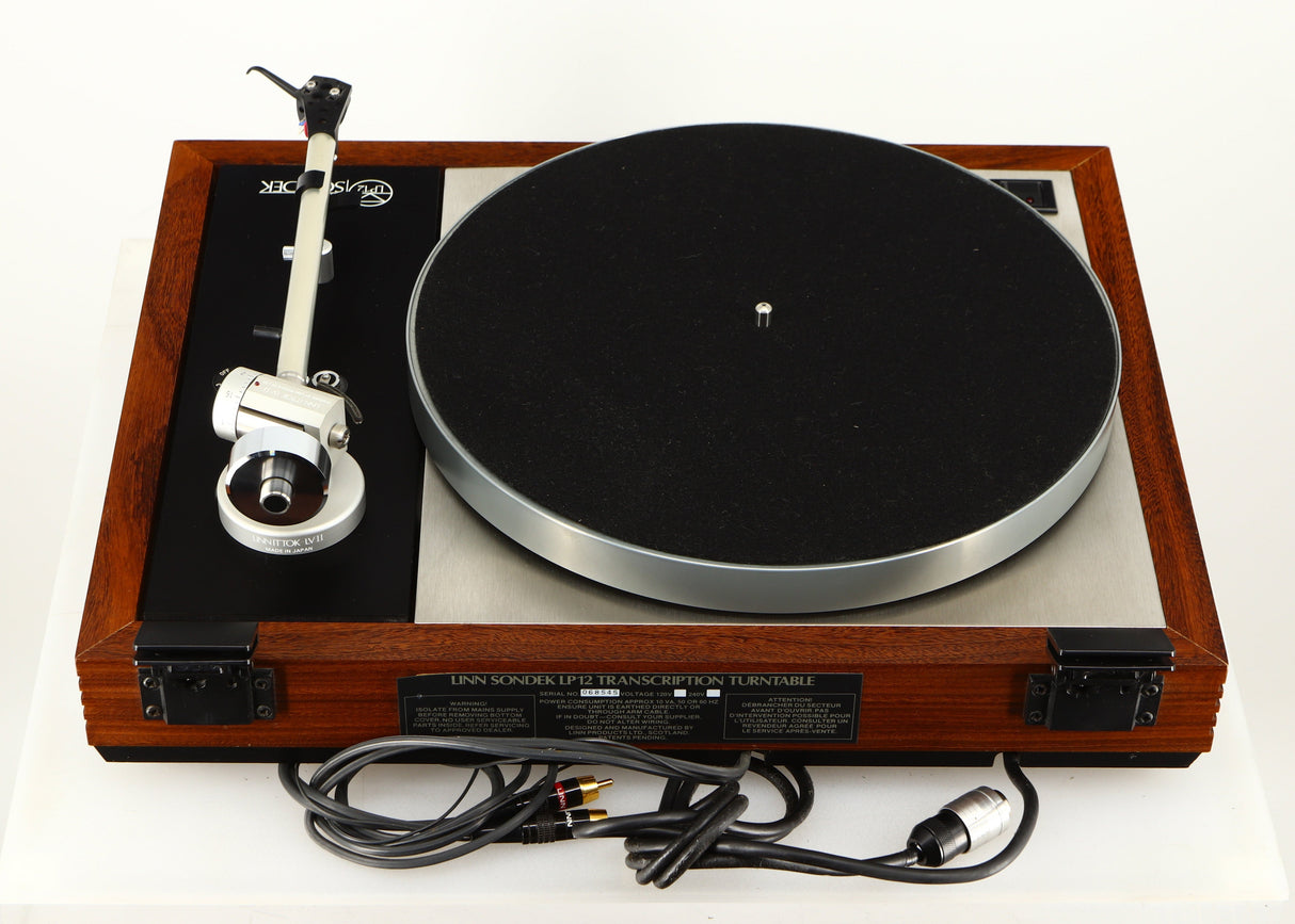 Rear view of a used Linn LP12 / Ittok Tonearm / Adikt Cartridge in an afromosia finish