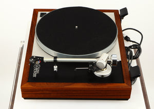 Right side view of a used Linn LP12 / Ittok Tonearm / Adikt Cartridge in an afromosia finish