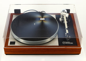Front view of a used Linn LP12 / Ittok Tonearm / Adikt Cartridge in an afromosia finish showing Lid