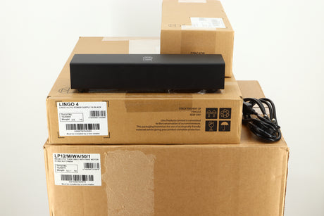 Box of a used Linn LP12 Select Turntable in walnut finish showing Lingo 4 Power Supply with mains cable and box 