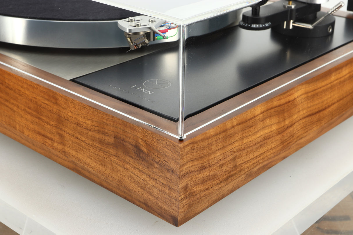 Front right view of a used Linn LP12 Select Turntable in walnut finish 