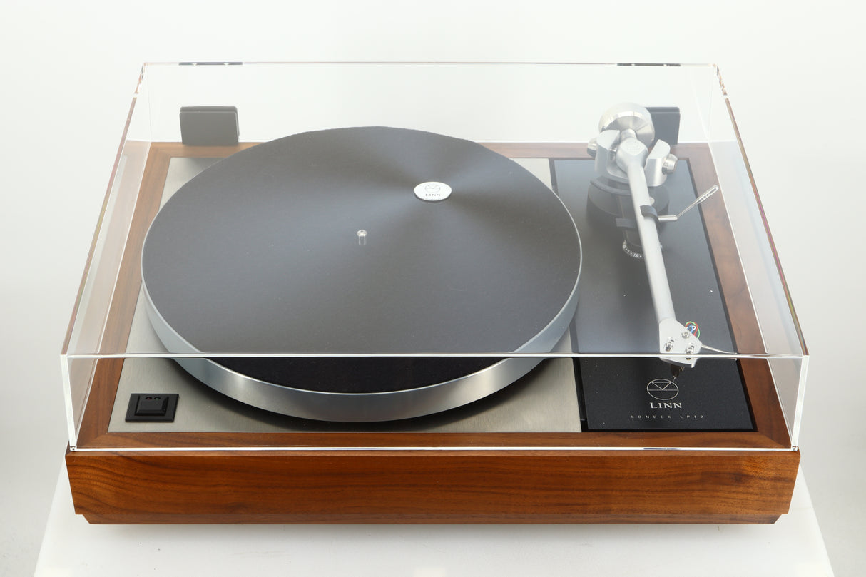 Top view of a used Linn LP12 Select Turntable in walnut finish with lid