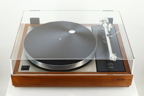 Top view of a used Linn LP12 Select Turntable in walnut finish with lid