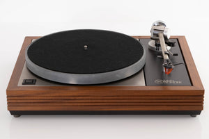 Front view of a Linn LP12 Turntable in Afromosia with Ittok LVII Tonearm and Ortofon 2M Bronze Cartridge
