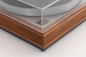 Front left corner view of a Linn LP12 Turntable in Afromosia with Ittok LVII Tonearm and Ortofon 2M Bronze Cartridge