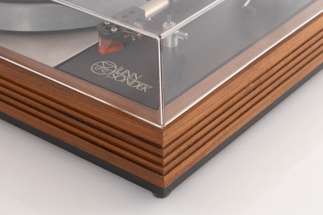 Front right corner view of a Linn LP12 Turntable in Afromosia with Ittok LVII Tonearm and Ortofon 2M Bronze Cartridge