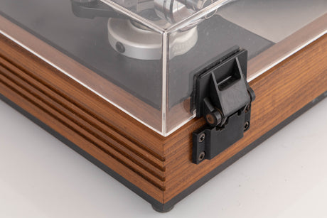 Rear left corner view of a Linn LP12 Turntable in Afromosia with Ittok LVII Tonearm and Ortofon 2M Bronze Cartridge