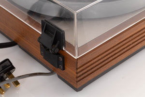 Rear right corner view of a Linn LP12 Turntable in Afromosia with Ittok LVII Tonearm and Ortofon 2M Bronze Cartridge