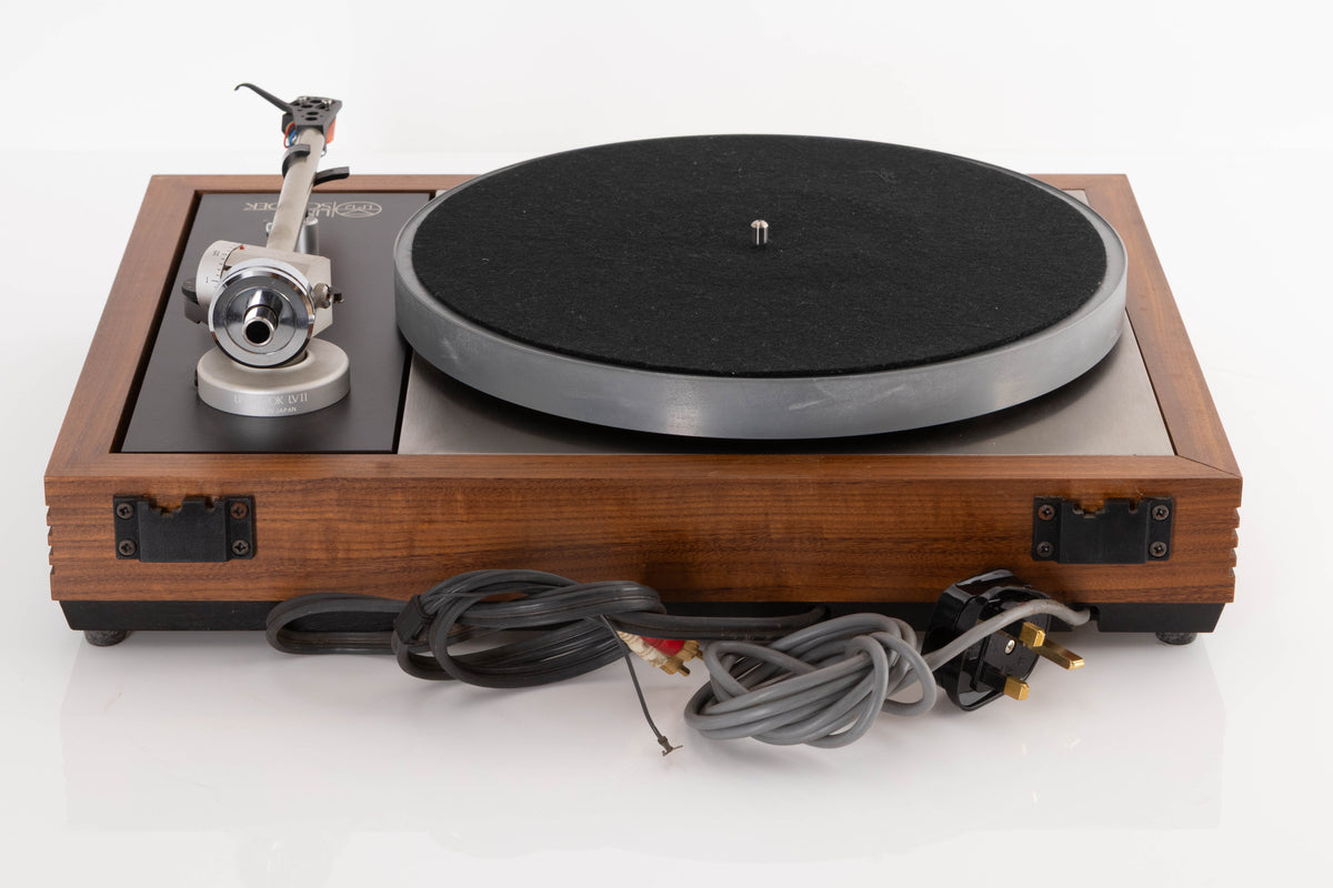 Rear view of a Linn LP12 Turntable in Afromosia with Ittok LVII Tonearm and Ortofon 2M Bronze Cartridge