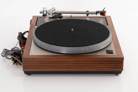 Side view of a Linn LP12 Turntable in Afromosia with Ittok LVII Tonearm and Ortofon 2M Bronze Cartridge